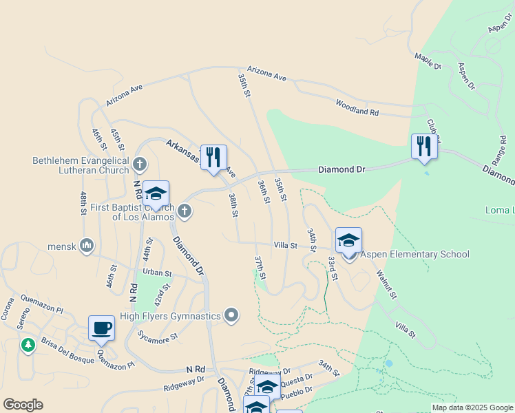 map of restaurants, bars, coffee shops, grocery stores, and more near 2302 37th Street in Los Alamos