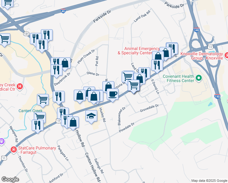 map of restaurants, bars, coffee shops, grocery stores, and more near 10428 Victoria Drive in Knoxville