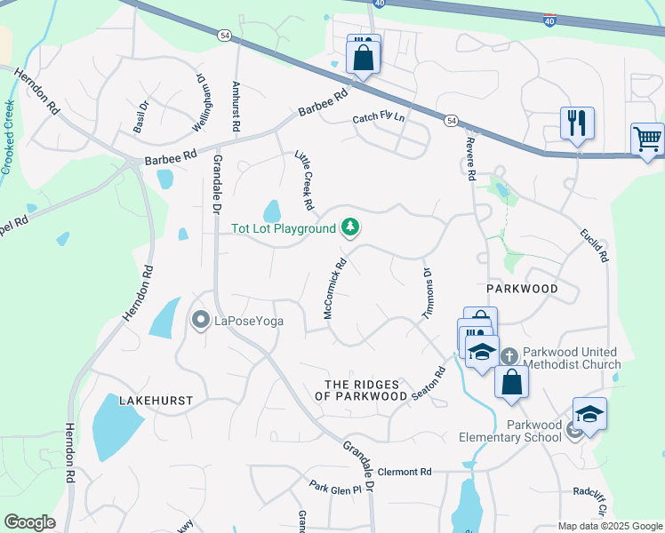 map of restaurants, bars, coffee shops, grocery stores, and more near 5208 McCormick Road in Durham