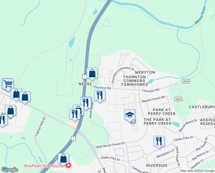 map of restaurants, bars, coffee shops, grocery stores, and more near 8844 Commons Townes Drive in Raleigh