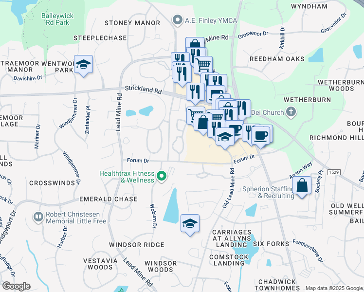 map of restaurants, bars, coffee shops, grocery stores, and more near 8508 New Brunswick Lane in Raleigh