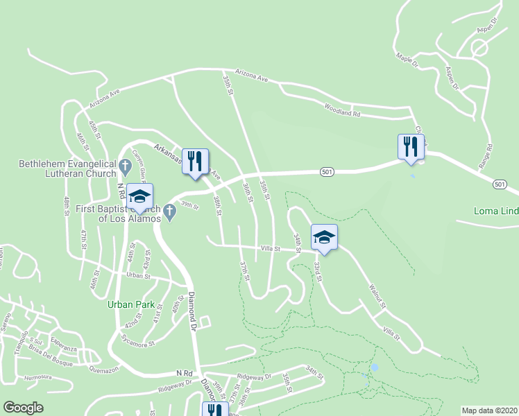 map of restaurants, bars, coffee shops, grocery stores, and more near 2285 35th Street in Los Alamos