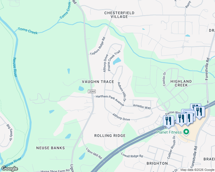 map of restaurants, bars, coffee shops, grocery stores, and more near 8001 Remington Heights Drive in Raleigh