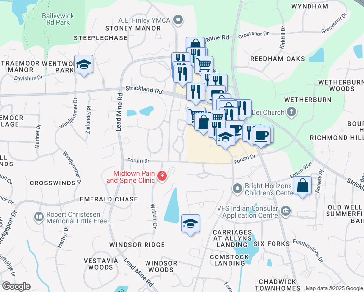 map of restaurants, bars, coffee shops, grocery stores, and more near 8508 New Brunswick Lane in Raleigh