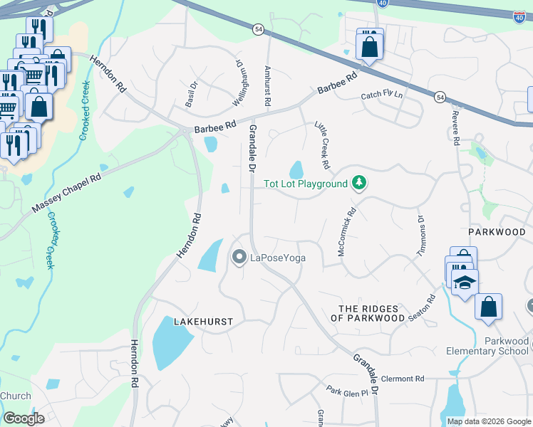 map of restaurants, bars, coffee shops, grocery stores, and more near 907 Limerick Lane in Durham