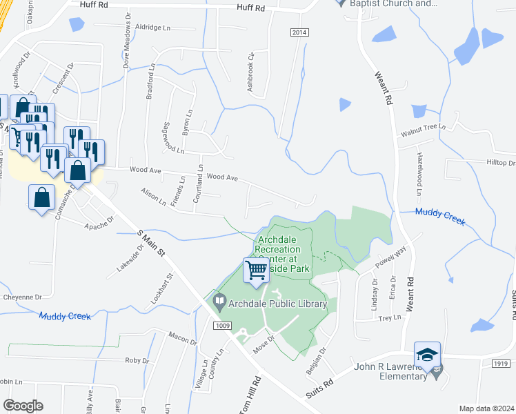 map of restaurants, bars, coffee shops, grocery stores, and more near 103 Parkview Court in Archdale