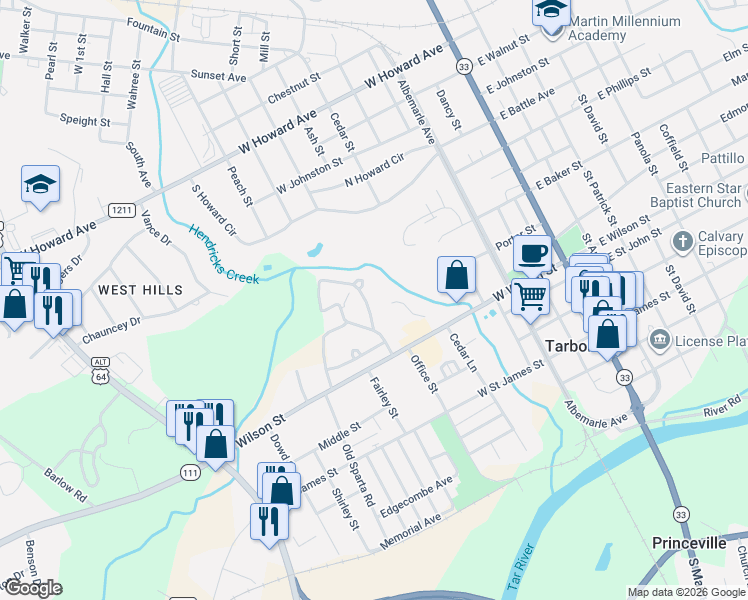 map of restaurants, bars, coffee shops, grocery stores, and more near 804 Hilma Circle in Tarboro