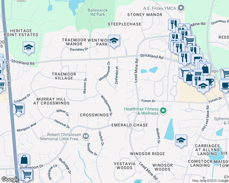 map of restaurants, bars, coffee shops, grocery stores, and more near 8705 Catamaran Drive in Raleigh
