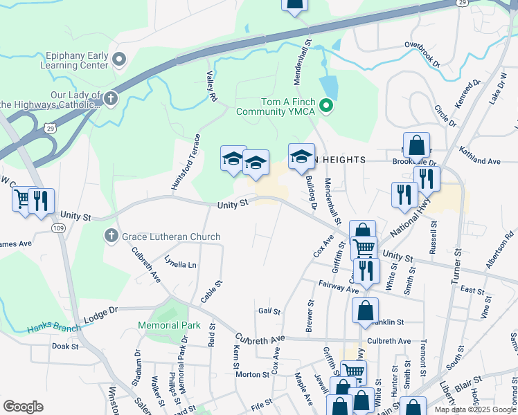 map of restaurants, bars, coffee shops, grocery stores, and more near 413 Unity Street in Thomasville