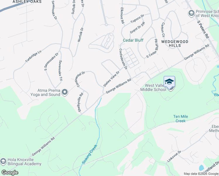 map of restaurants, bars, coffee shops, grocery stores, and more near 9325 George Williams Road in Knoxville