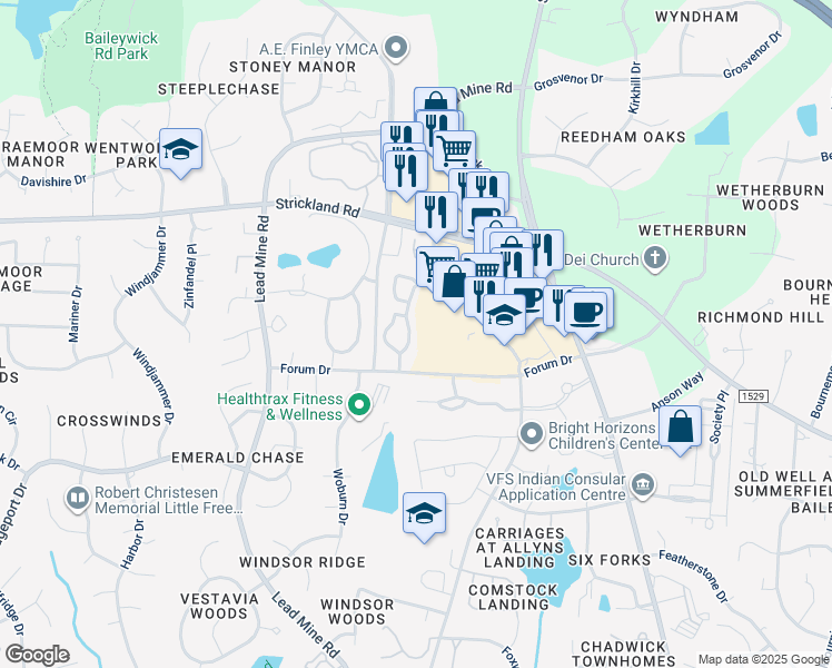 map of restaurants, bars, coffee shops, grocery stores, and more near 8508 New Brunswick Lane in Raleigh