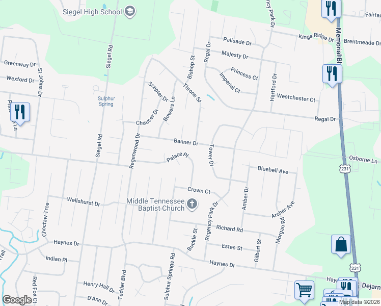 map of restaurants, bars, coffee shops, grocery stores, and more near 2810 Palace Place in Murfreesboro