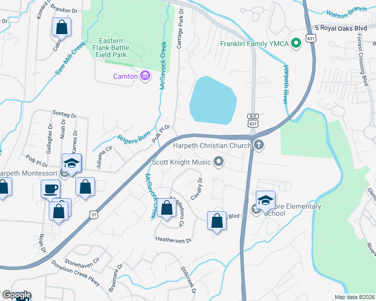 map of restaurants, bars, coffee shops, grocery stores, and more near 1181 Hunters Chase Drive in Franklin