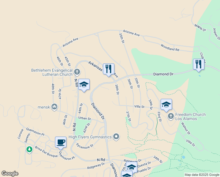 map of restaurants, bars, coffee shops, grocery stores, and more near 2270 39th Street in Los Alamos