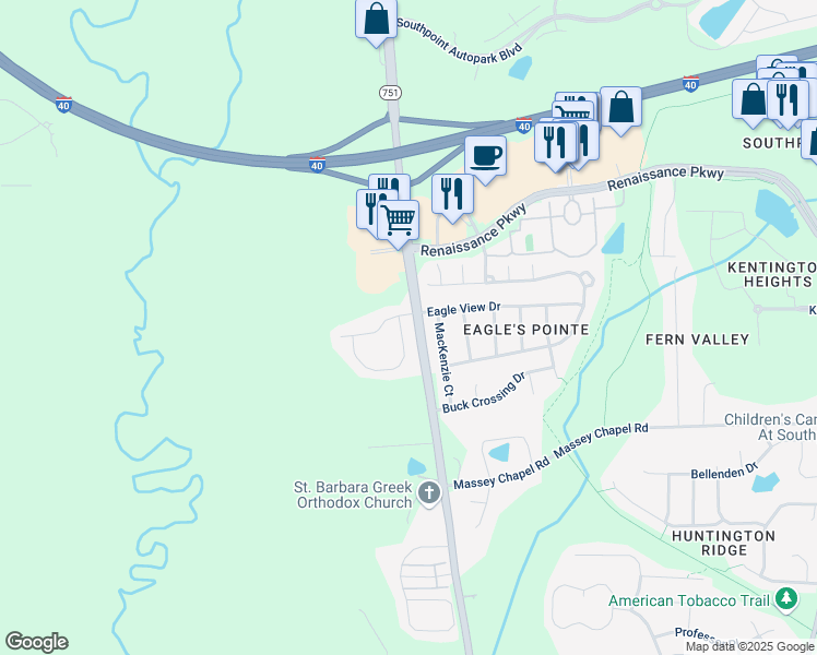 map of restaurants, bars, coffee shops, grocery stores, and more near 8008 Sundance Circle in Durham