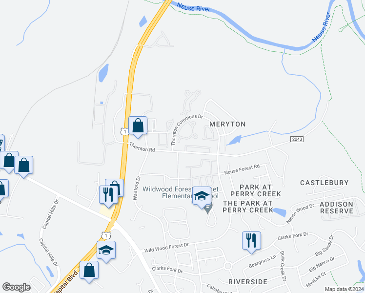 map of restaurants, bars, coffee shops, grocery stores, and more near 8811 Thornton Town Place in Raleigh