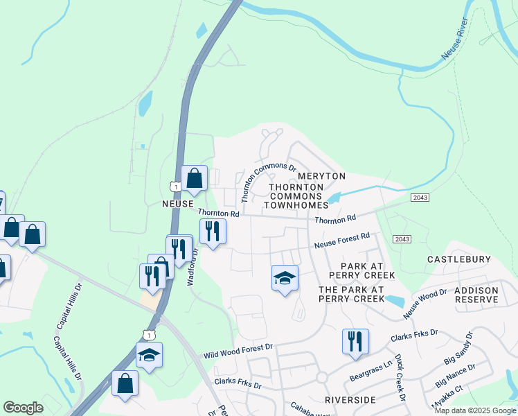 map of restaurants, bars, coffee shops, grocery stores, and more near 8811 Thornton Town Place in Raleigh
