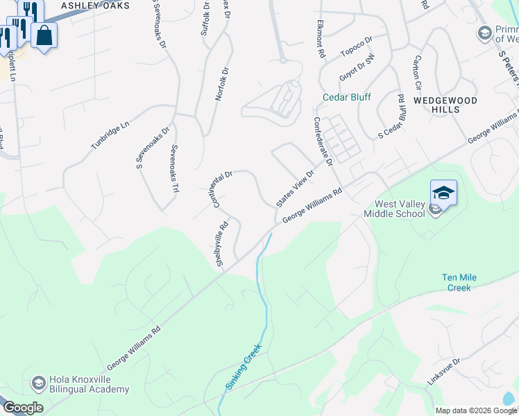 map of restaurants, bars, coffee shops, grocery stores, and more near 9514 Continental Drive in Knoxville
