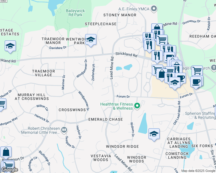 map of restaurants, bars, coffee shops, grocery stores, and more near 1414 Hillbrow Lane in Raleigh