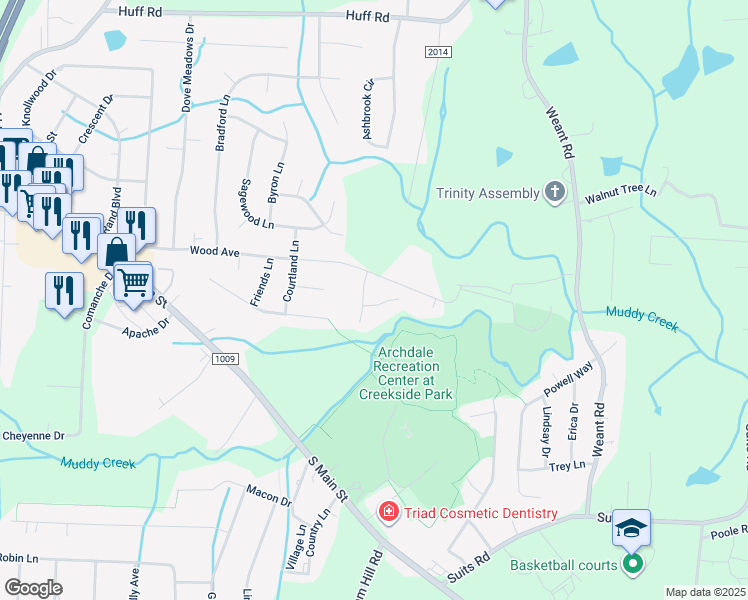 map of restaurants, bars, coffee shops, grocery stores, and more near 103 Parkview Court in Archdale