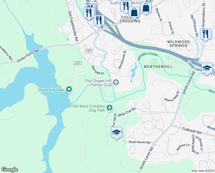 map of restaurants, bars, coffee shops, grocery stores, and more near 318 Rose Walk Lane in Carrboro