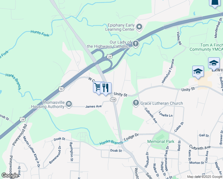 map of restaurants, bars, coffee shops, grocery stores, and more near Robinhood Road in Thomasville