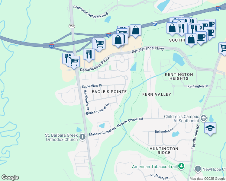 map of restaurants, bars, coffee shops, grocery stores, and more near 8006 Crichton Lane in Durham