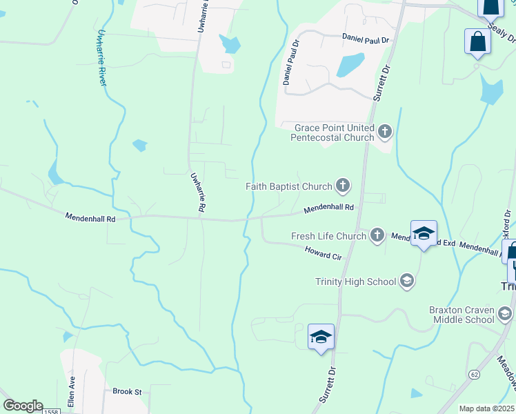 map of restaurants, bars, coffee shops, grocery stores, and more near 5910 Mendenhall Road in Archdale