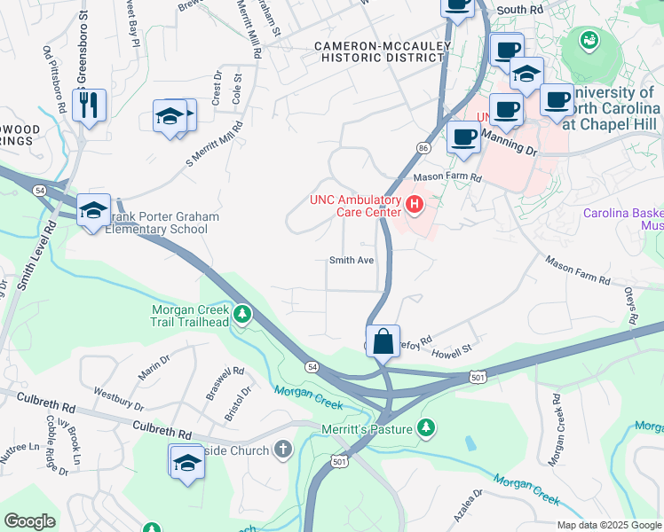 map of restaurants, bars, coffee shops, grocery stores, and more near 907 Dawes Street in Chapel Hill