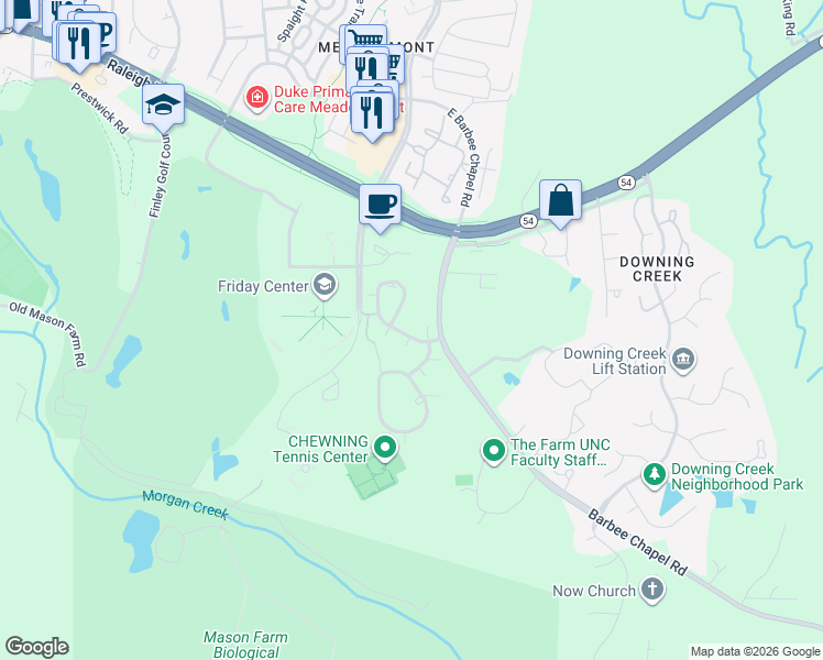 map of restaurants, bars, coffee shops, grocery stores, and more near 108 Finley Forest Drive in Chapel Hill