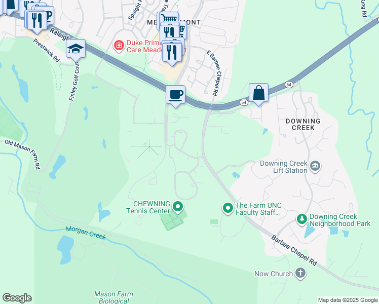 map of restaurants, bars, coffee shops, grocery stores, and more near 105 Finley Forest Drive in Chapel Hill