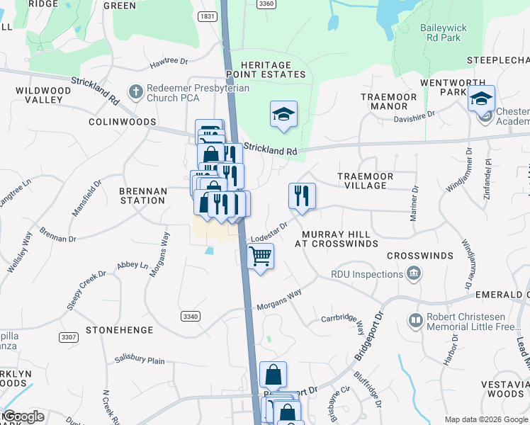 map of restaurants, bars, coffee shops, grocery stores, and more near 2217 Durweston Court in Raleigh