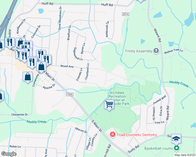 map of restaurants, bars, coffee shops, grocery stores, and more near 110 Oakley Court in Archdale