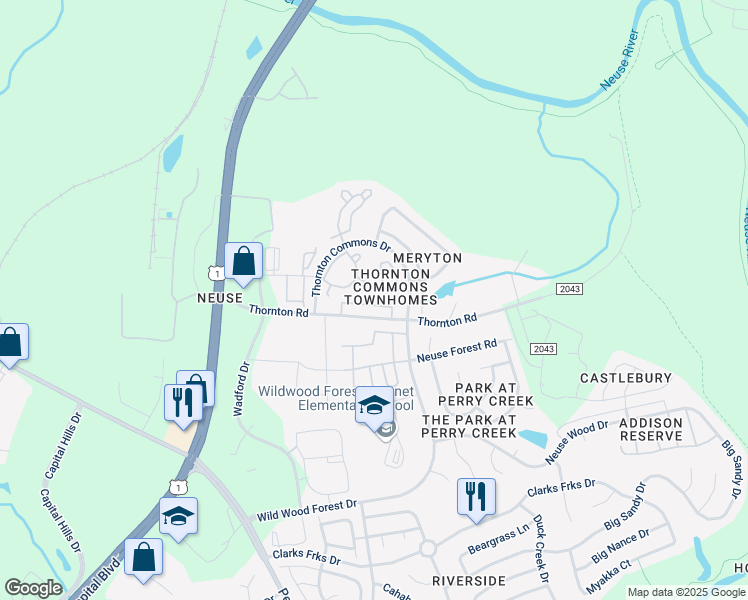 map of restaurants, bars, coffee shops, grocery stores, and more near 8857 Thornton Town Place in Raleigh
