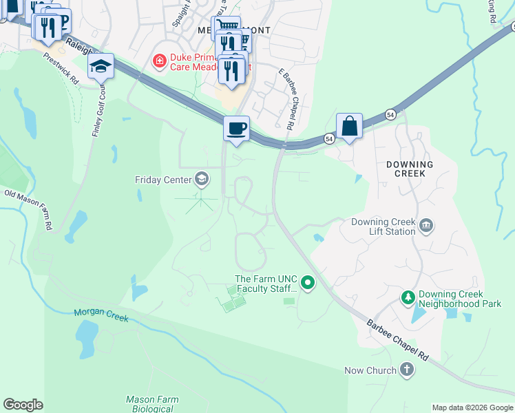 map of restaurants, bars, coffee shops, grocery stores, and more near 108 Finley Forest Drive in Chapel Hill