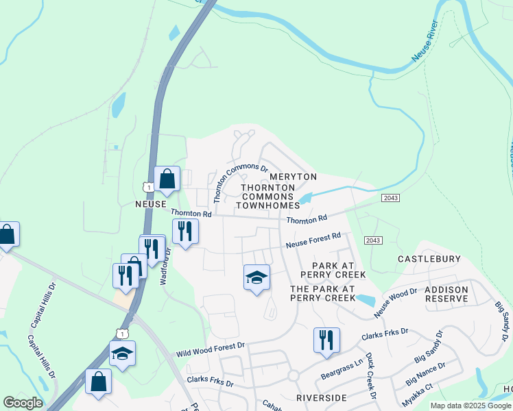 map of restaurants, bars, coffee shops, grocery stores, and more near 8857 Thornton Town Place in Raleigh