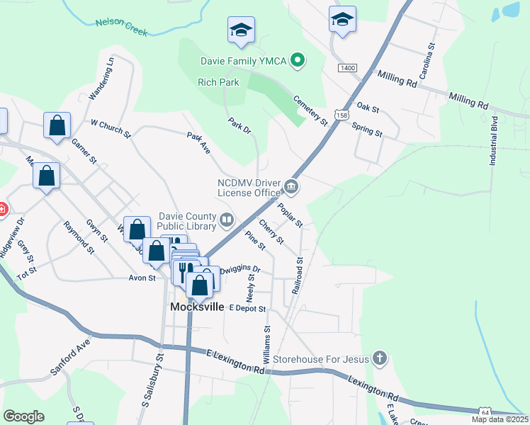 map of restaurants, bars, coffee shops, grocery stores, and more near 534 South Main Street in Mocksville