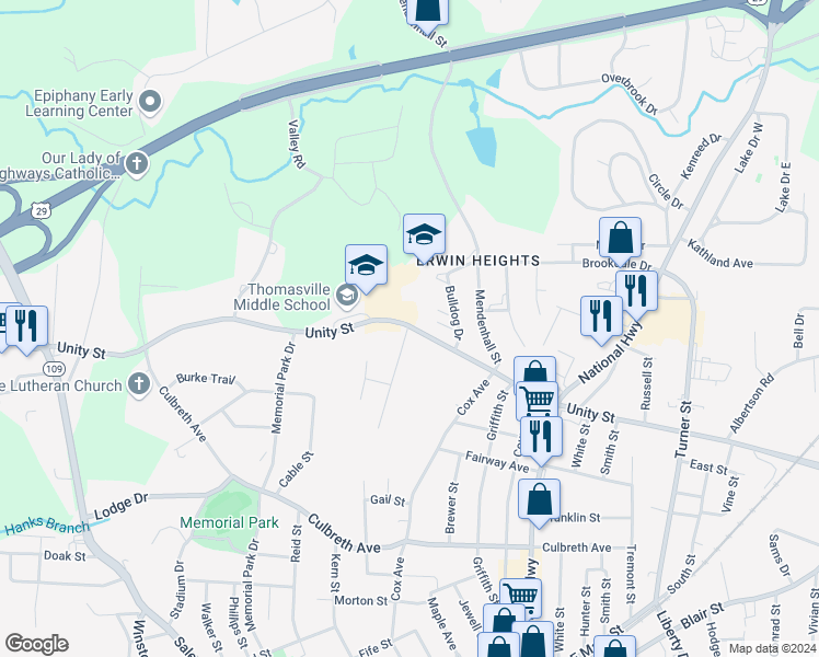 map of restaurants, bars, coffee shops, grocery stores, and more near Haynes Road in Thomasville