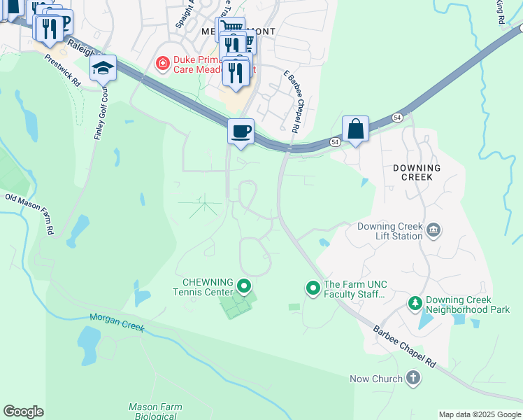 map of restaurants, bars, coffee shops, grocery stores, and more near 105 Finley Forest Drive in Chapel Hill
