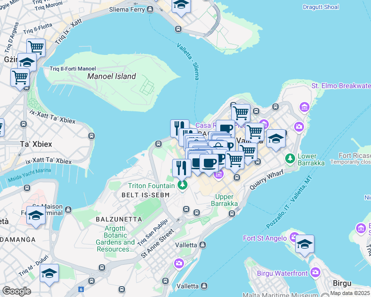 map of restaurants, bars, coffee shops, grocery stores, and more near in Valletta