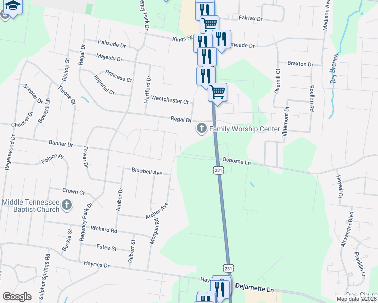 map of restaurants, bars, coffee shops, grocery stores, and more near 2697 Memorial Boulevard in Murfreesboro