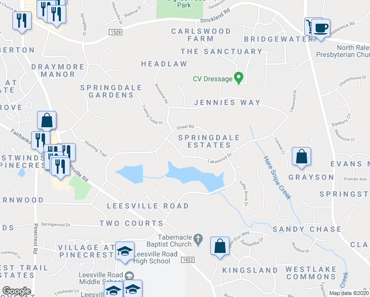 map of restaurants, bars, coffee shops, grocery stores, and more near 8709 Hidden View Court in Raleigh