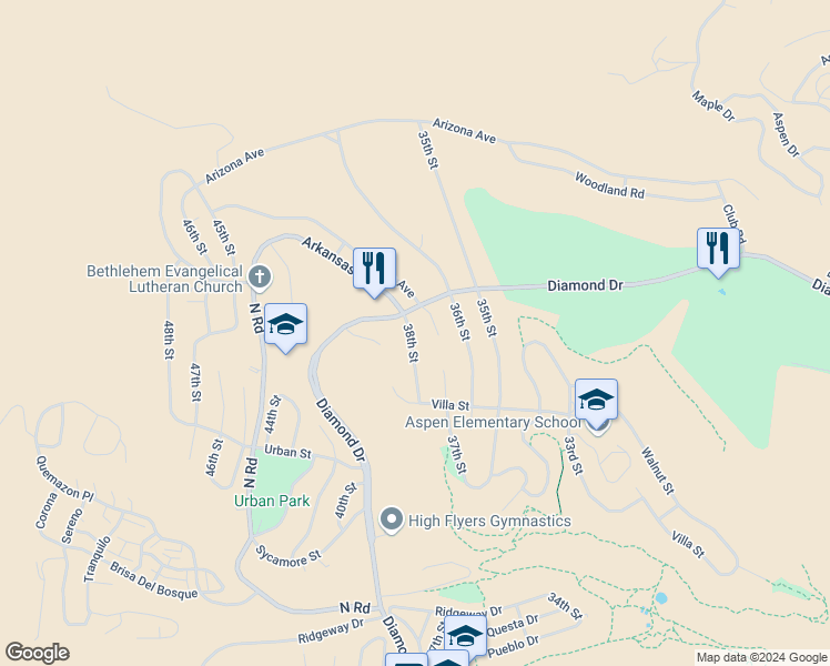 map of restaurants, bars, coffee shops, grocery stores, and more near 2281 38th Street in Los Alamos