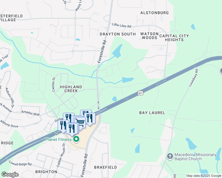 map of restaurants, bars, coffee shops, grocery stores, and more near 2806 Forestville Road in Wake Forest