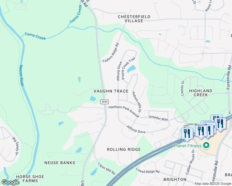 map of restaurants, bars, coffee shops, grocery stores, and more near 8001 Remington Heights Drive in Raleigh