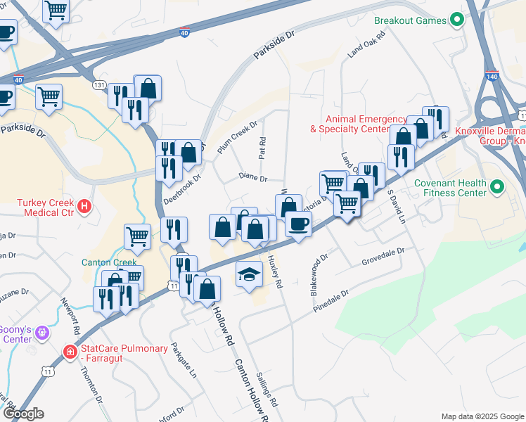 map of restaurants, bars, coffee shops, grocery stores, and more near 10512 Haleyford Lane in Knoxville