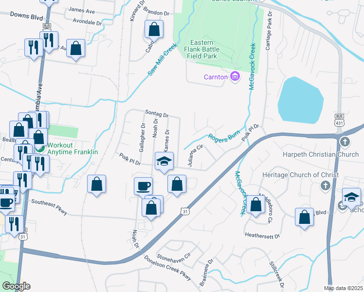 map of restaurants, bars, coffee shops, grocery stores, and more near 128 Sontag Drive in Franklin