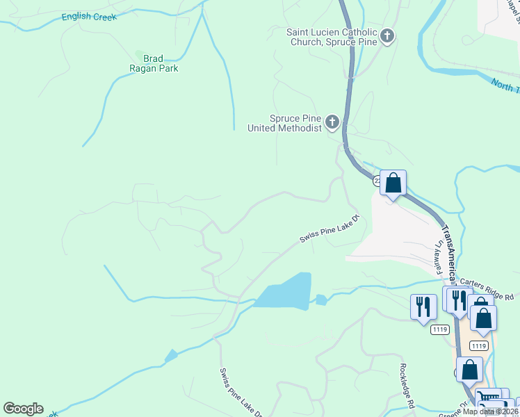 map of restaurants, bars, coffee shops, grocery stores, and more near 145 Lakeview Road in Spruce Pine