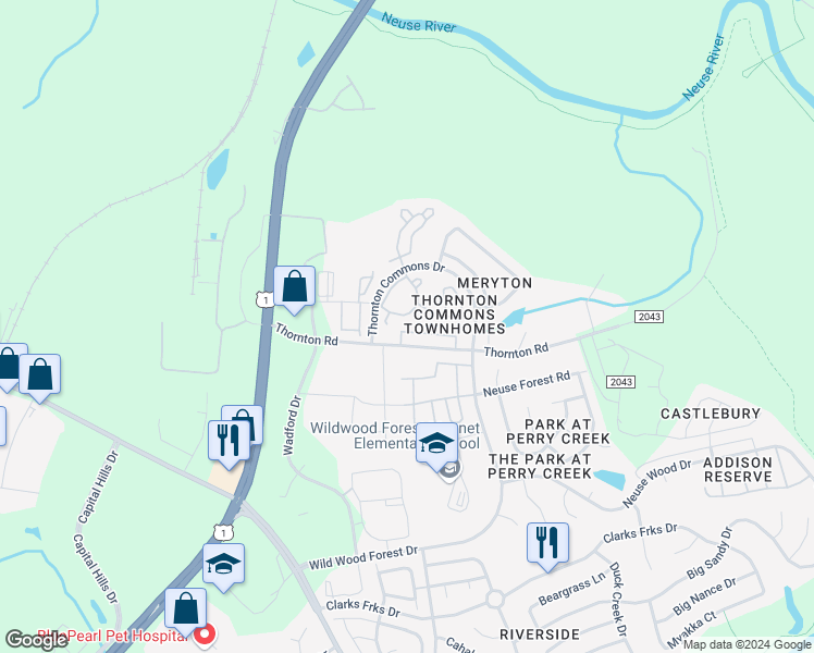 map of restaurants, bars, coffee shops, grocery stores, and more near 8827 Thornton Town Place in Raleigh