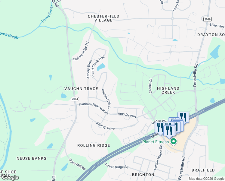 map of restaurants, bars, coffee shops, grocery stores, and more near Feldwig Place in Raleigh